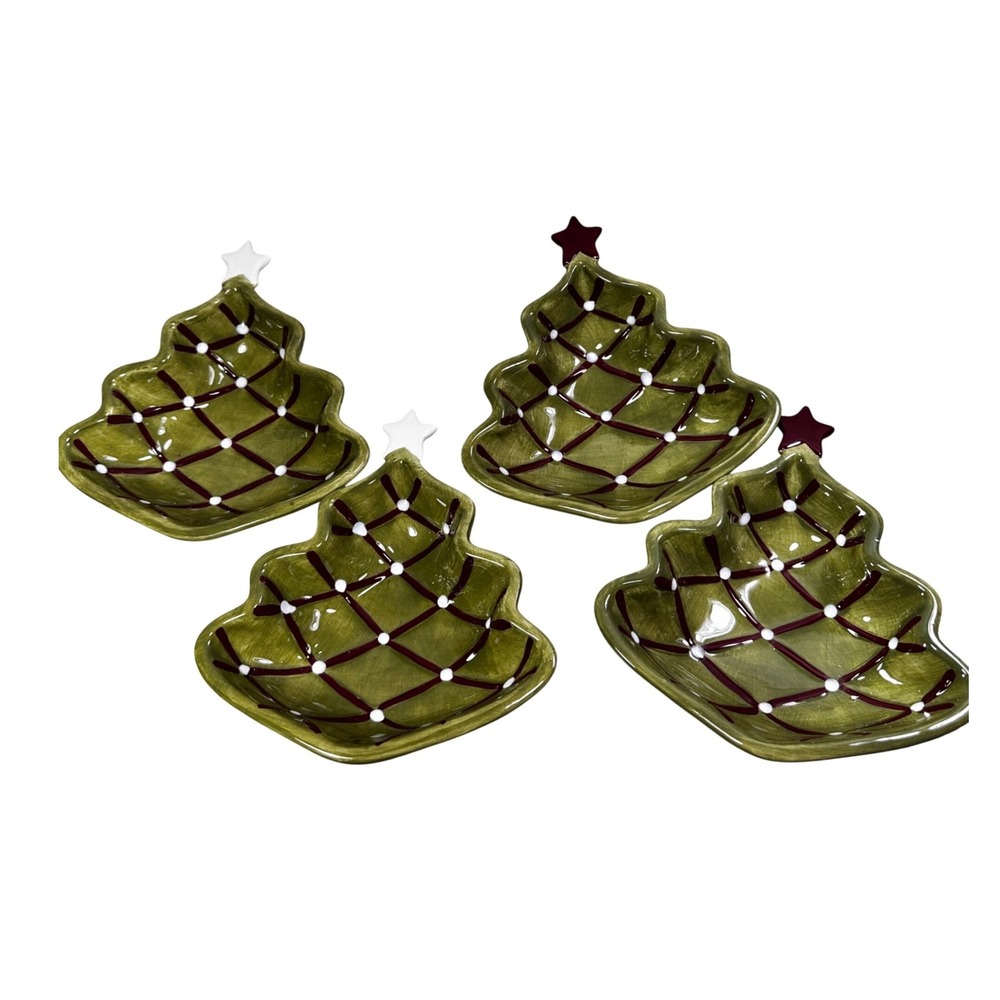 Pottery Barn Seasons Greetings Christmas Tree Bon Bon Bowls Set of 4 Green